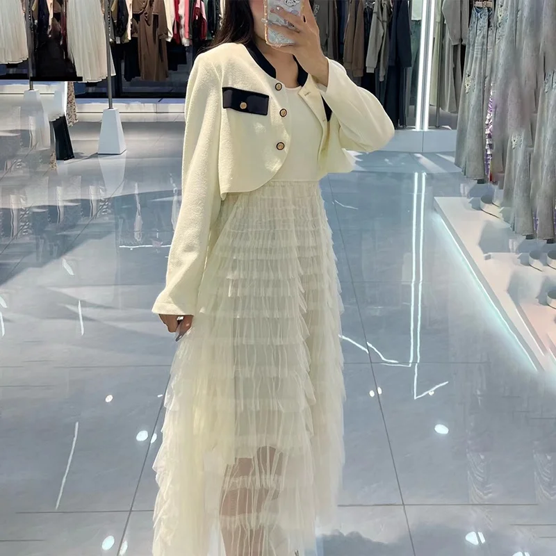 

Ele Me Strap Dr Set Маленький женский костюм Fraance Sle, осеннее новое поступление, длинный воротник-свеч, застежка-молния, поли...