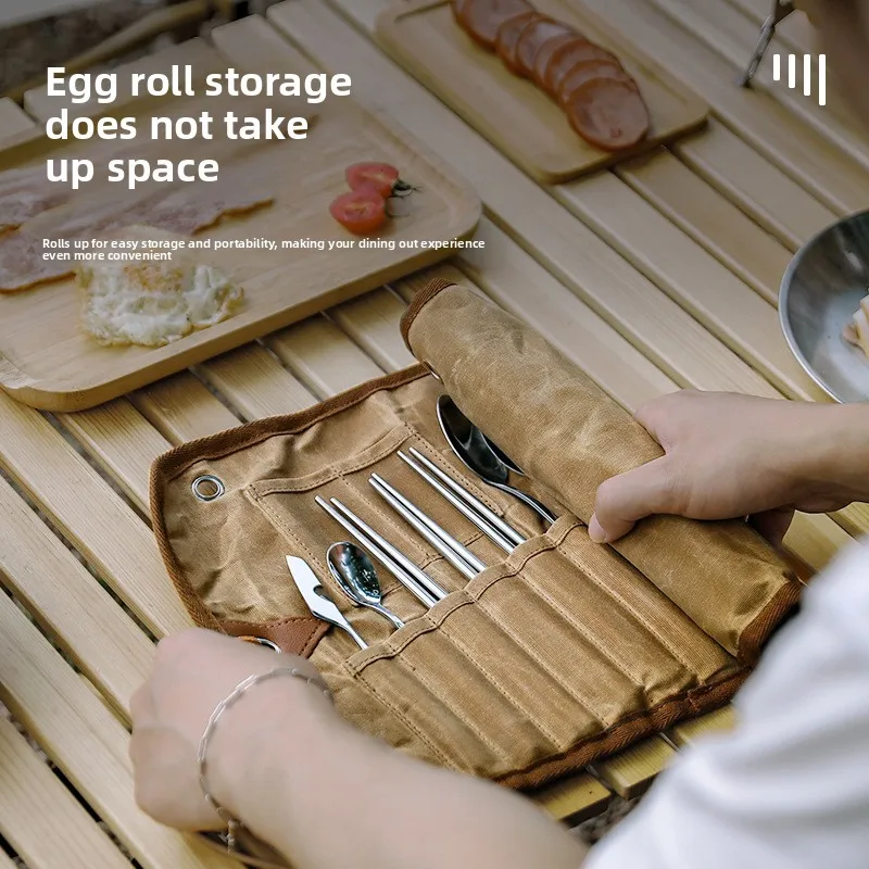 حقيبة تخزين أدوات المائدة الخارجية لثلاثة أشخاص، حقيبة تخزين مجموعة أدوات المائدة، ملعقة من الفولاذ المقاوم للصدأ، عيدان تناول الطعام والشوكة، قماش مشمع
