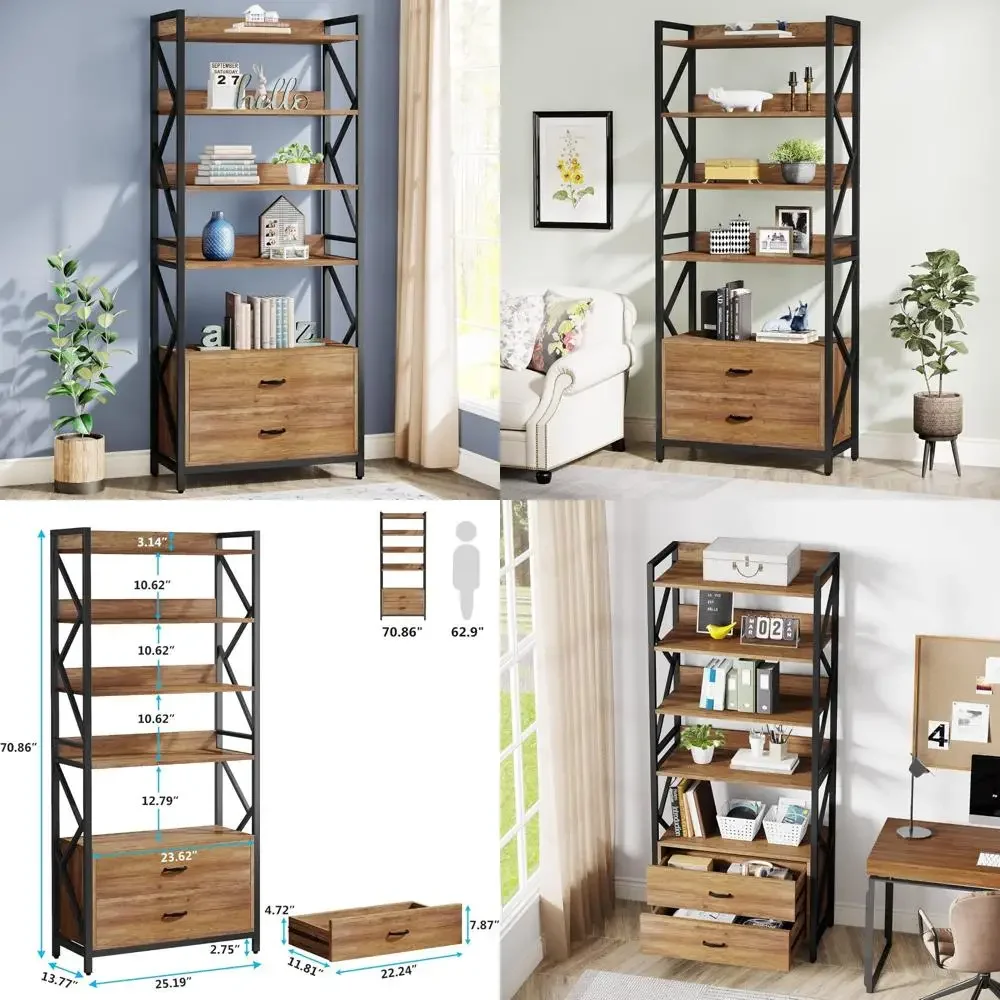 Industrial Style 70.8 5-Tier Bookshelf with 2 Drawers for Storage and Organization