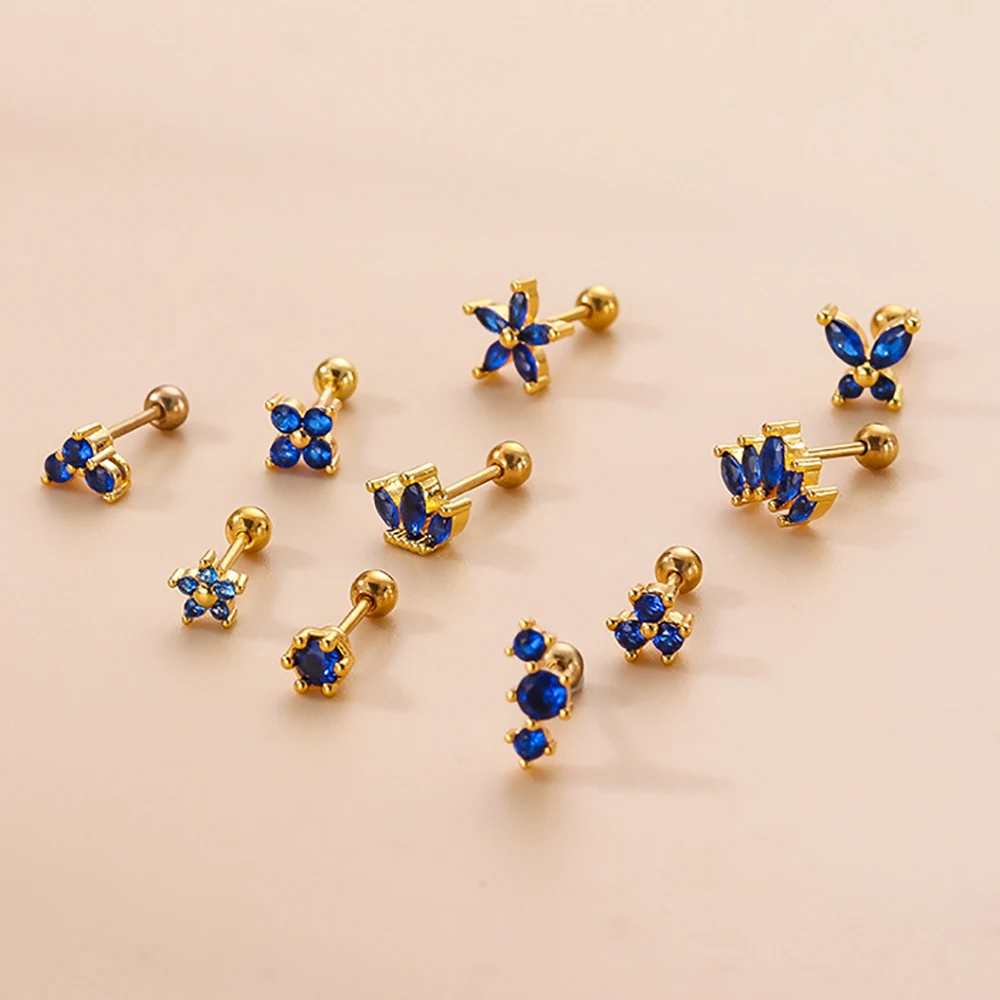1 Piece 99% Pure Titanium Metal Earring Tanzania Blue Zircon Stud Earrings FOR Women No Easy Fade Allergy Piercing Jewelry GIFT