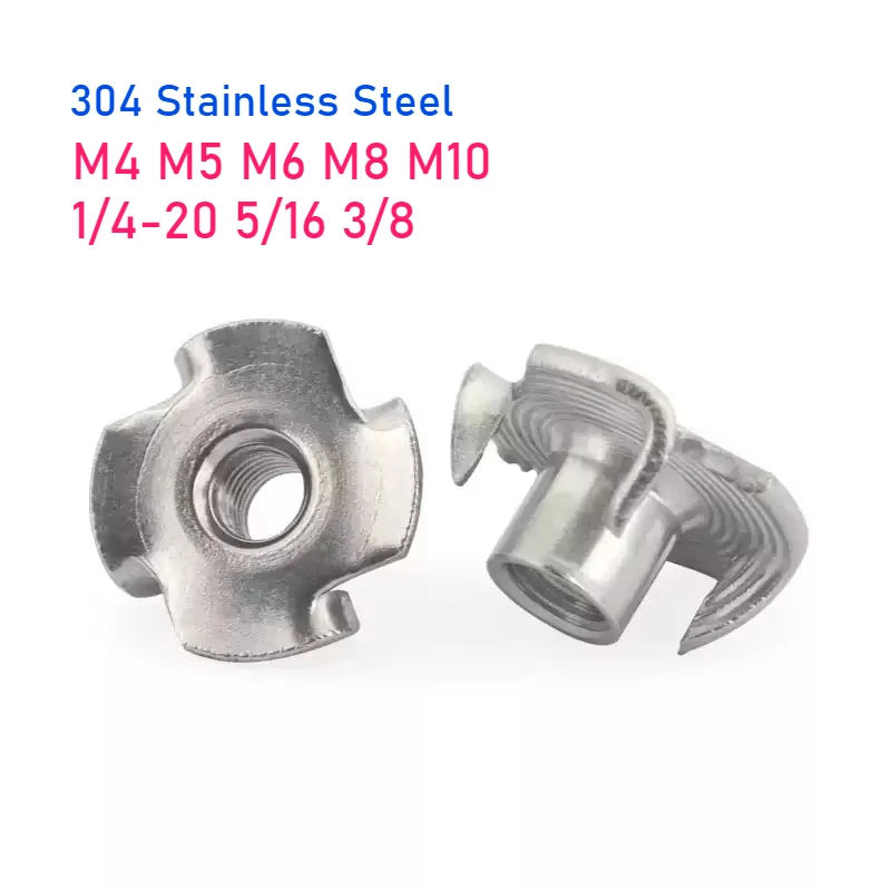 

M4 M5 M6 M8 M10 1/4-20 5/16 3/8 304 Stianless Steel Four Claws Nut Speaker T-nut Blind Pronged Insert Tee Nut Furniture Hardwar