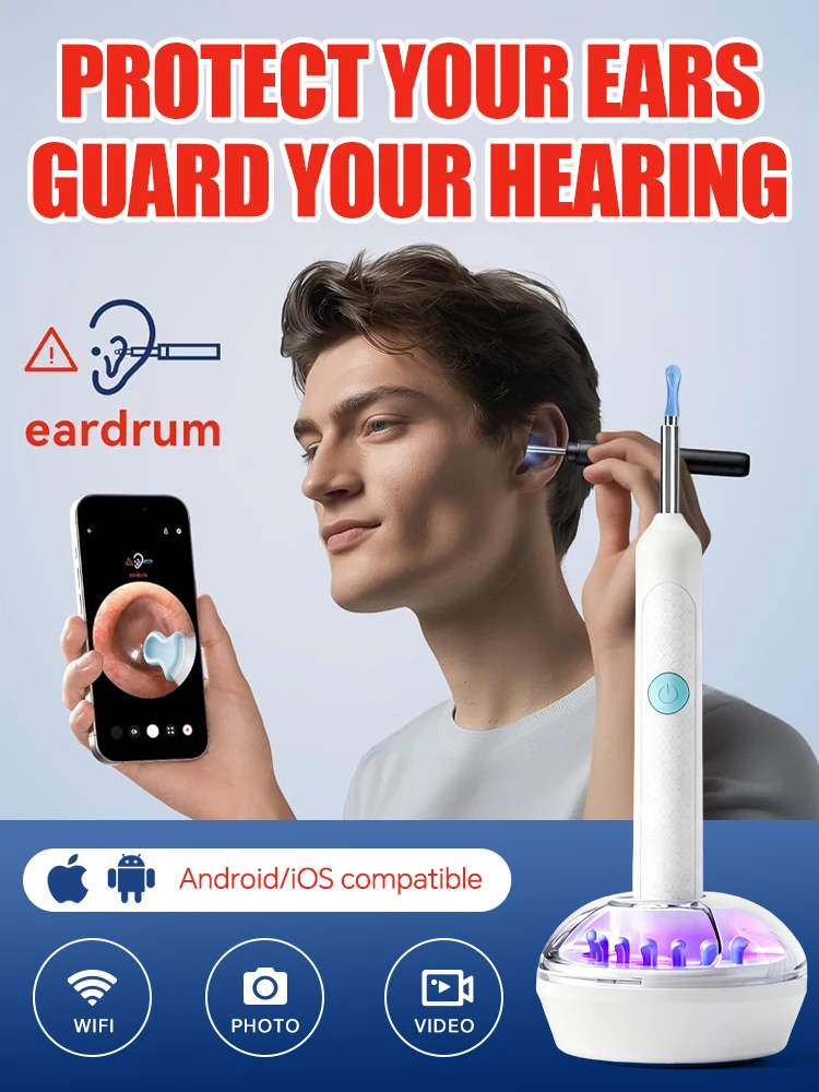 

2025 hot saleEarwax remover. Features a high-definition camera, a visual ear pick, and a UV charging case.