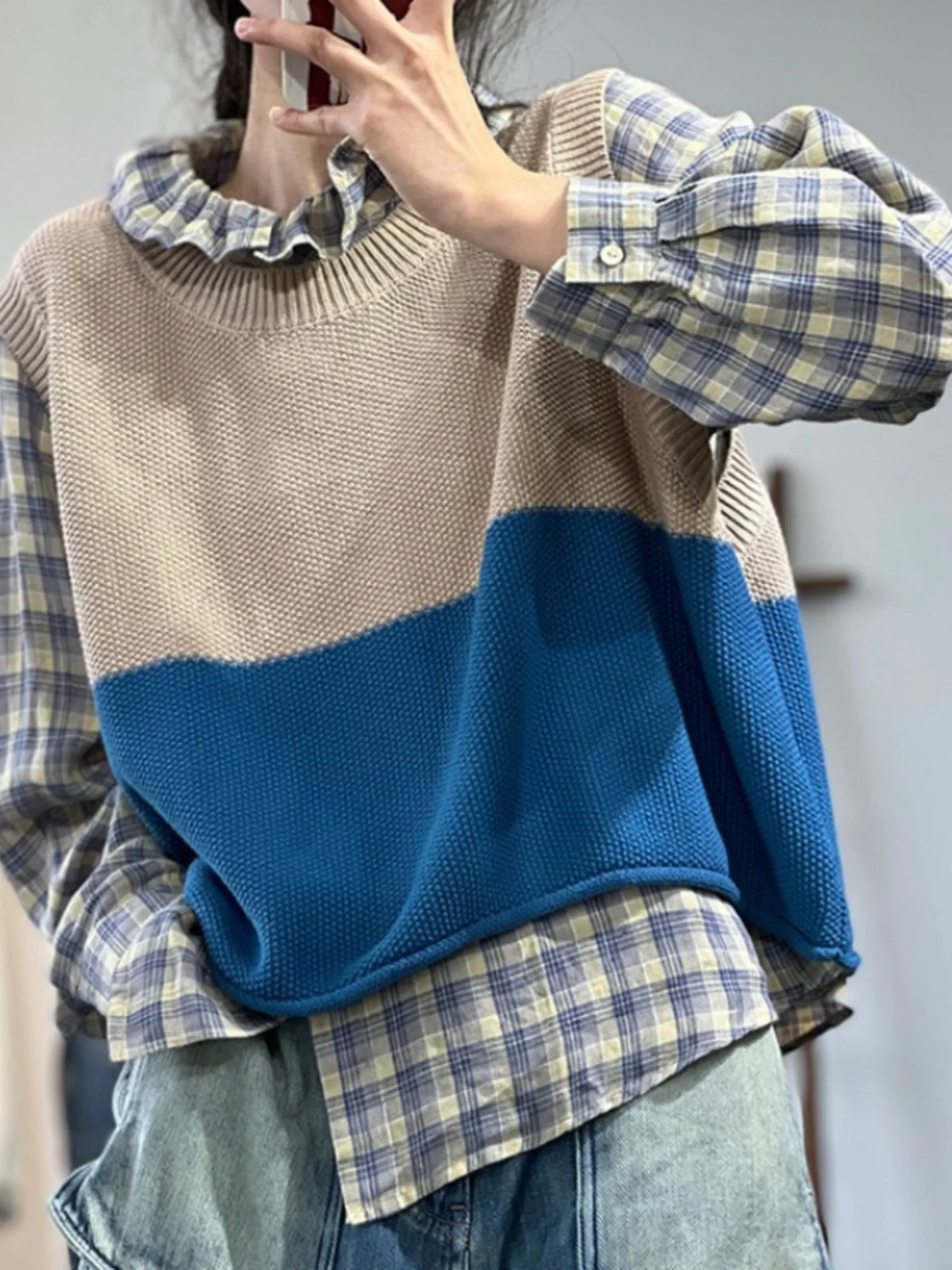 Modna, kolorowa kamizelka z dzianiny bawełnianej, luźny krój, odzież wierzchnia, do pracy, okrągły dekolt, długość do kolan, odporna na zabrudzenia.