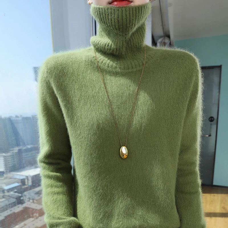 Autumn and winter new women's 100% mink cashmere sweater lapel pullover fashion solid color knitted warm base shirt top