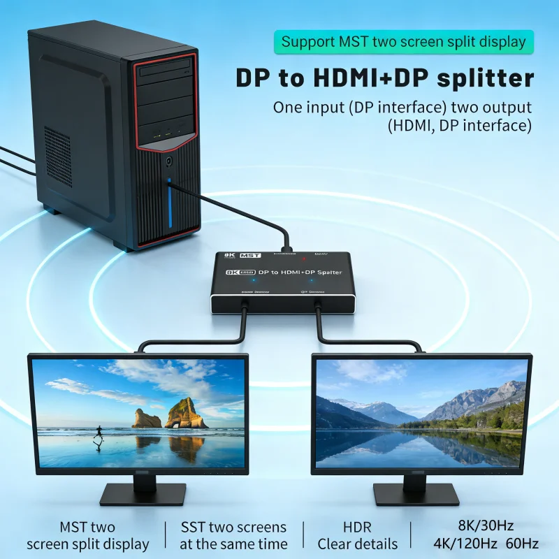 8K MST Displayport to HDMI Splitter DP Splitter 8K@60Hz 4K@120Hz 32.4Gbps for DP HDMI Dual Port Simultaneous Display SST HDR