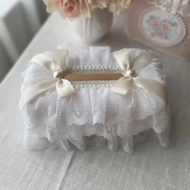 

2026 Korean White Romantic Lace Tissue Box - Vintage French Pearl Bow Decor & Fabric Paper Dispenser, Handmade Elegant Cover