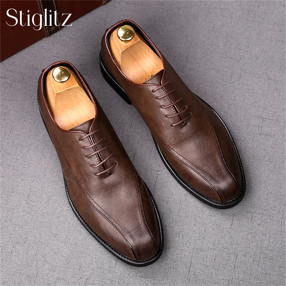 

Stitched Design Almond Toe Leather Shoes for Men Fashion Style Business Shoes Formal Occasions Lace-Up Soft Leather Men's Shoes