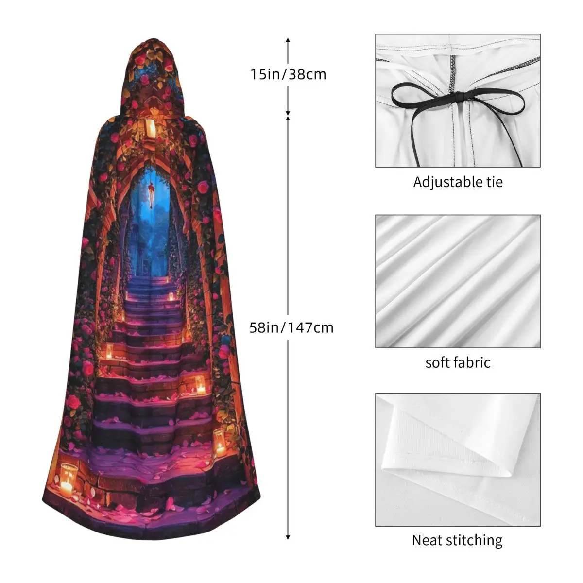 Garden Floral Inspirations Long Hooded Cloak Witch Medieval Costume Cosplay Cape HalloweenCoat Adult Unisex - view 3