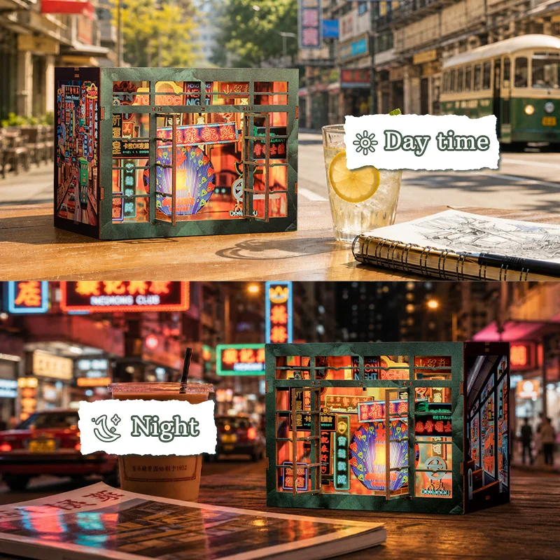 CUTEBEE 3D Wooden Puzzle Book Nook Kit Miniature House DIY Dollhouse Bookshelf Decor with LED Light Handmade Craft Gift