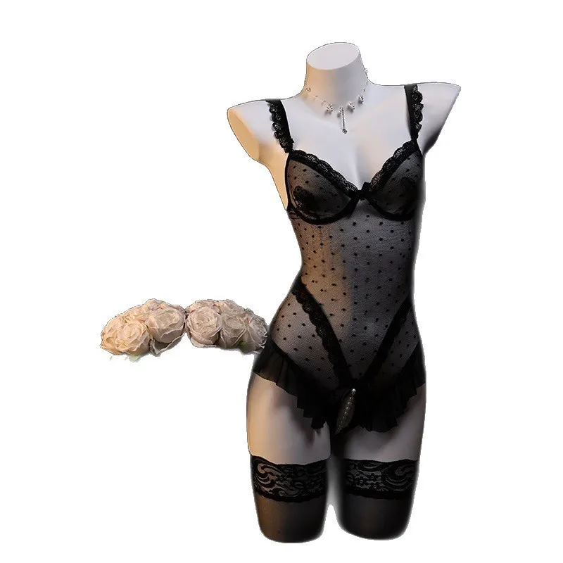 Sexy Lace Trim Sexy Open Crotch Bodysuits Ultra-thin Backless Transparent Transparent Mesh Deep V Sleeveless Bodysuits Thin EZWC