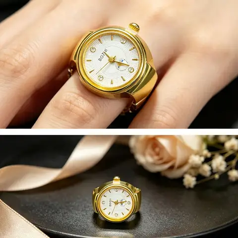 Men Women Couple Elastic Watch Ring, Punk Creative Dial Gold Silver Color Simple Quartz Finger Ring Clock Jewelry