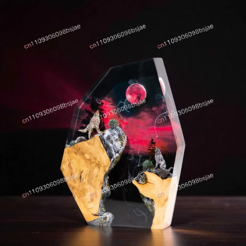 hot-selling epoxy resin wolf howl moonlit craft ornaments, creative solid wood resin night lights, home decoration gifts