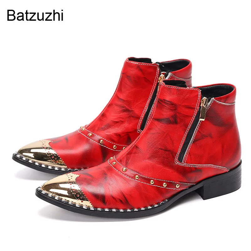 

Batzuzhi Luxury Handmade Men's Boots Pointed Toe Leather Ankle Boots Men Zip Red/Black Fashion Party/Wedding Boots for Men,38-46