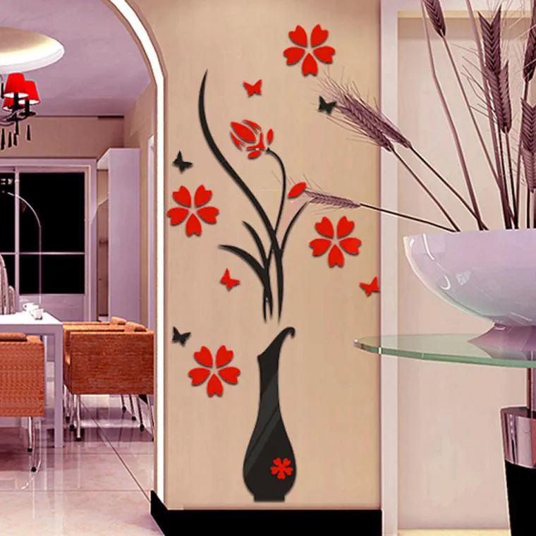 DIY Vase Flower Wall Sticker Acrylic 3D Cute Combination Mirror Effect Wall Sticker Decal Home Decor Flowers Wall Sticker Decal