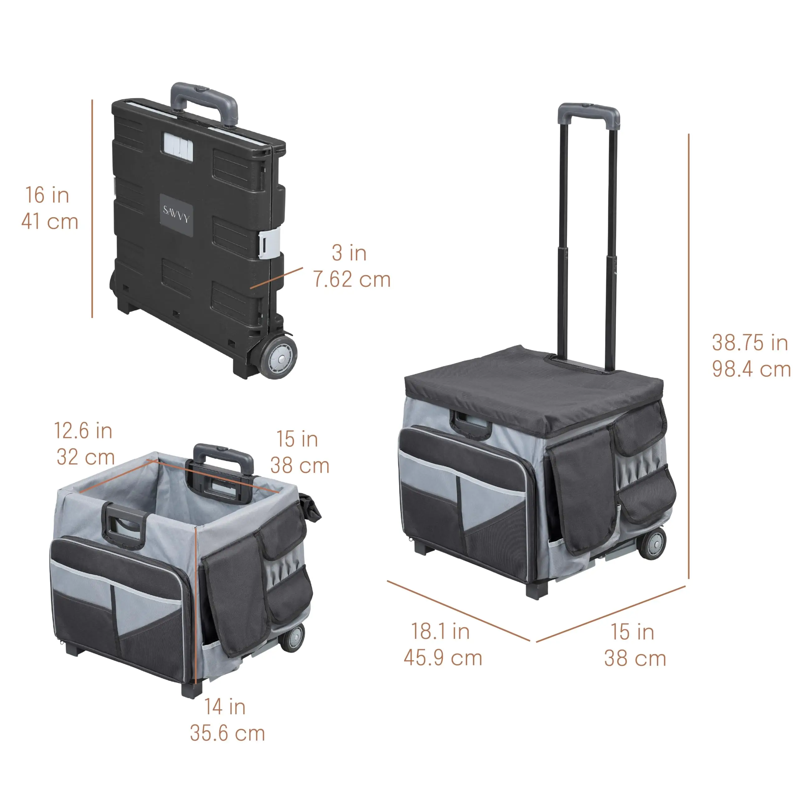 Folding Mobile Utility Cart, Canvas Organizer Bag, Black/Grey