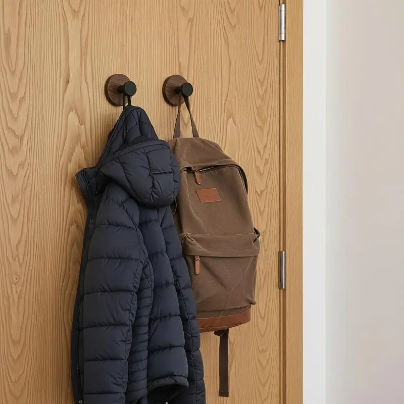 Wood Grain No Drill Wall Hooks Strong Self Adhesive Walnut Style Hanging Holder For Bathroom Kitchen Home Storage Organizer