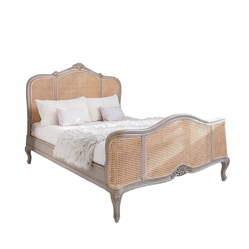 French rattan solid wood bed export old retro high back princess bed 1.8 double bed