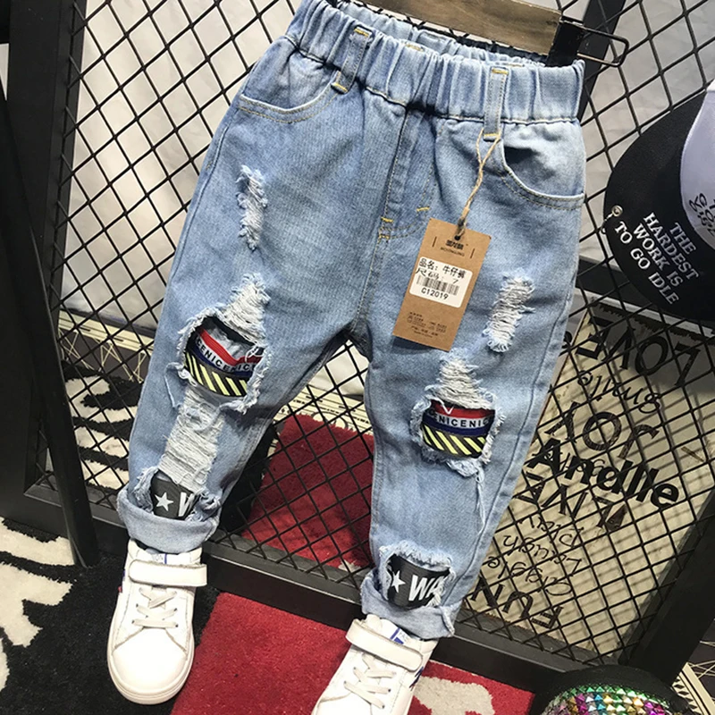 Boys Jeans Fashion Hole New Children Straight Cylinder Casual Jeans Spring Autumn Korean Style Elastic Waist Kids 3-8Ys Trousers