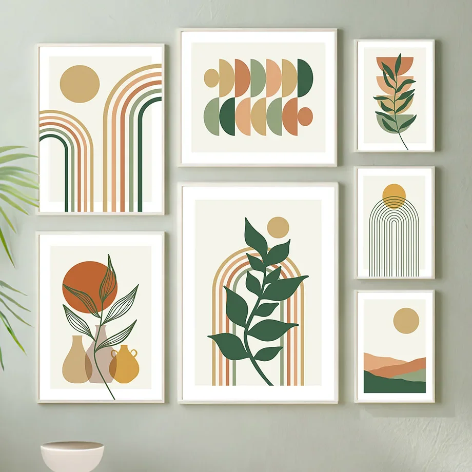 （2D Canvas painting） Wall Art Canvas Painting Abstract Geometry Sun Leaf Jar Arch Nordic Posters And Prints Boho Pictures For