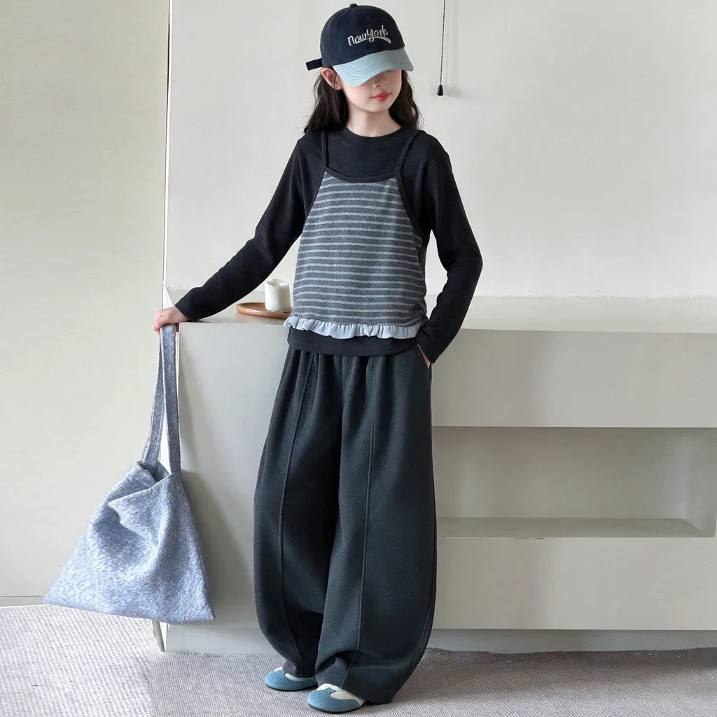 Girls Long Sleeve Fake Two Piece T-shirt Autumn Striped Ruffle Hem Children Tops 2026 3