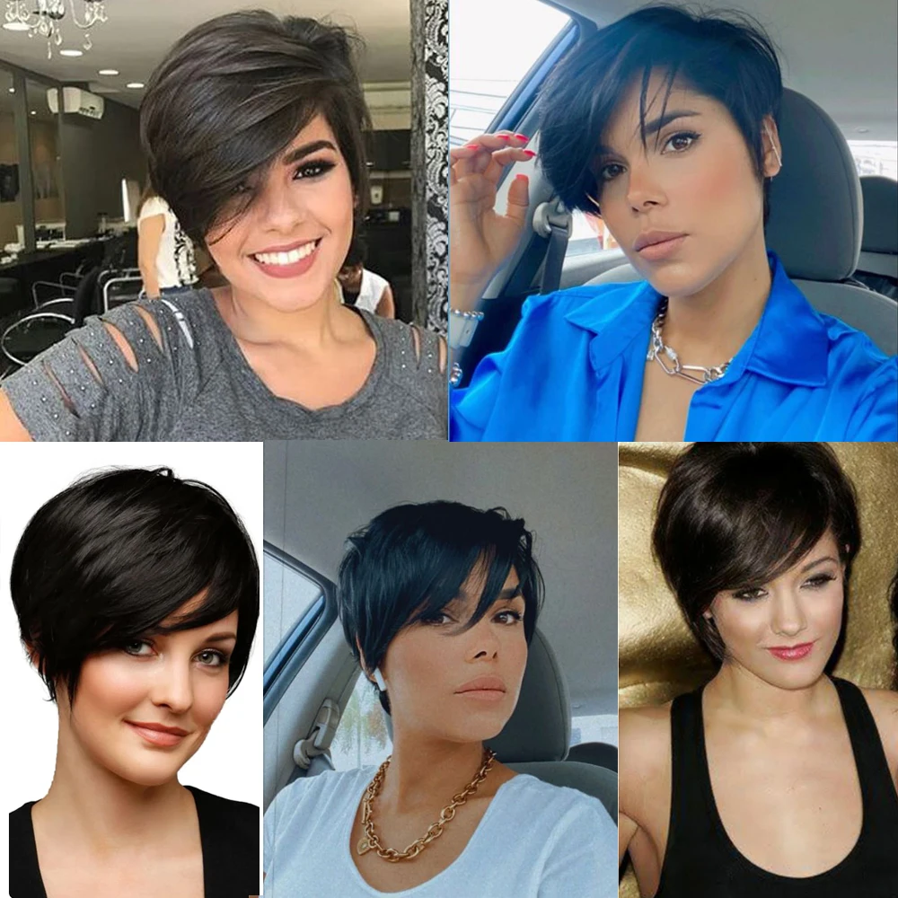 Pixie Cut Echthaar Perücke mit Seiten Pony für Frauen kurze Remy geschichteten Echthaar brasilia nischen natürlichen schwarzen Haaren billige Perücke