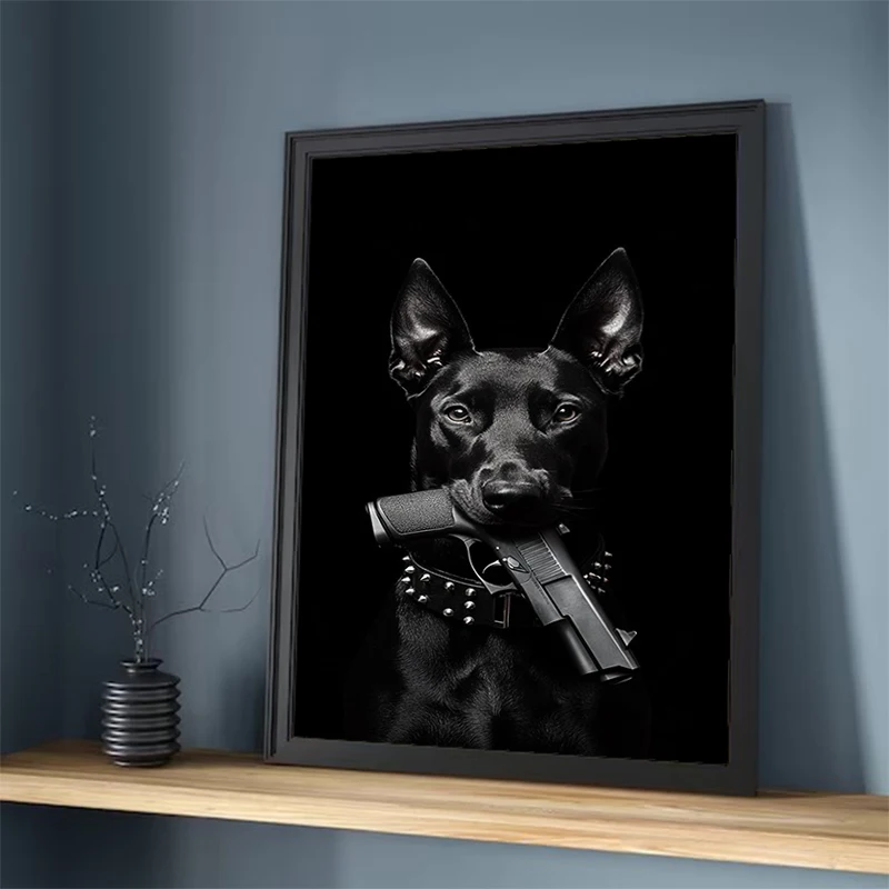 

1 Pc Fashion Black Doberman Dog Lion With A Pistol Poster Canvas Painting Luxury Animal Wall Picture For Living Room Home Decor