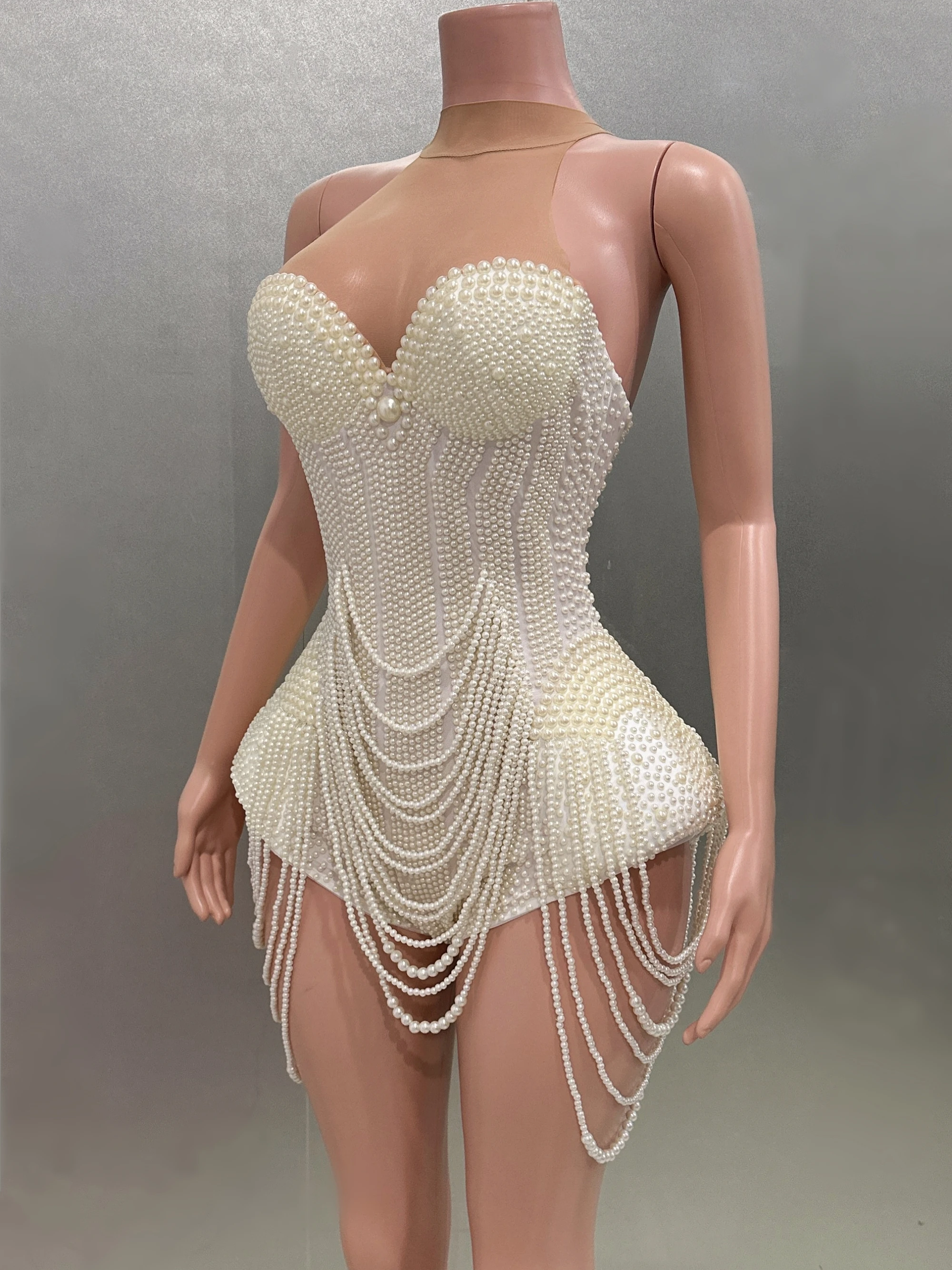 Luxury Pearls Beading Sexy Halter Backless Bodysuit Evening Party Performance Costume Bar Nightclub Singer Dancer Stage Wear