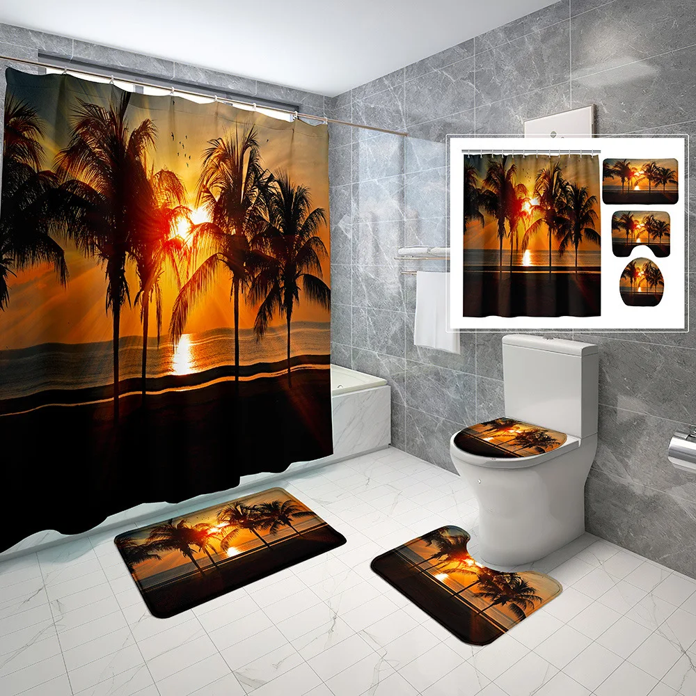 Sunset Seagull Scene Shower Curtain Set Non-Slip Rug Toilet Cover Bath Mat Waterproof Fabric Bathroom With Hooks Bath Curtains