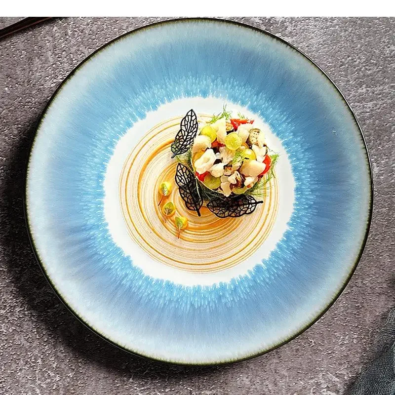 Round Ceramic Dinner Plates Features Snack Dessert Dishes Restaurant Simple Gradient Color Tableware Pasta Steak