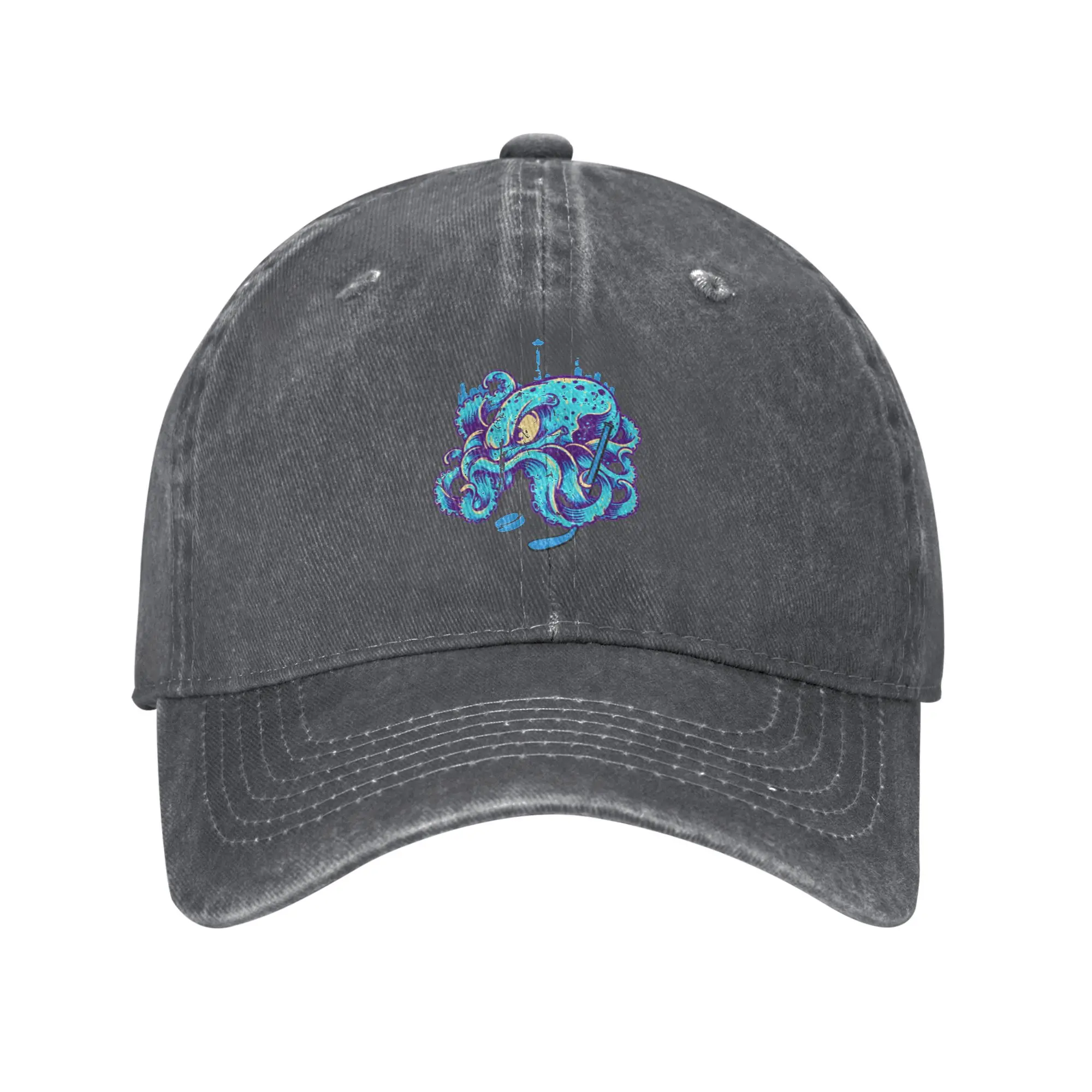 Fashion Seattle Ice Hockey Kraken Playing Hockey Skyline baseball cap  Denim Outdoor Hat Baseball Cap