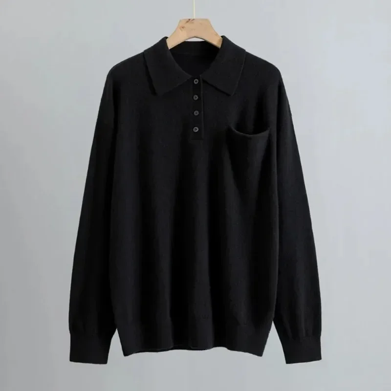 100% Cashmere Collar Loose Knitted Pullover Black Sweater Women