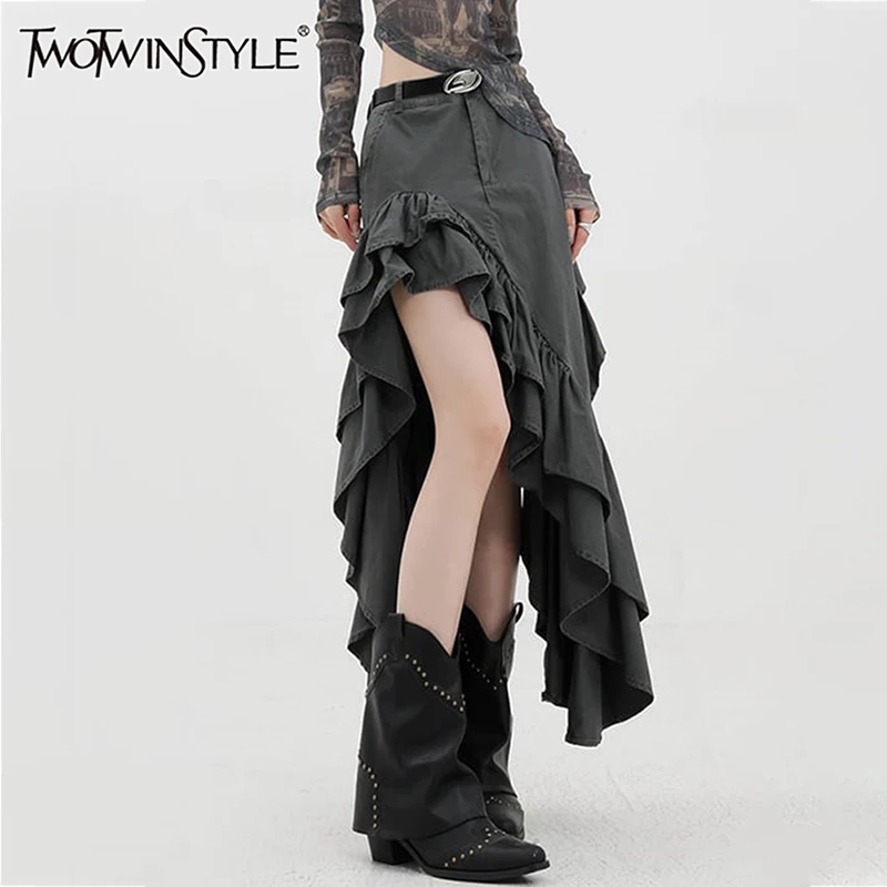 

TWOTWINSTYLE Solid Patchwork Ruffles Temperament Skirt For Women High Waist Split Irregular Hem Designer Skirts Female Fashion