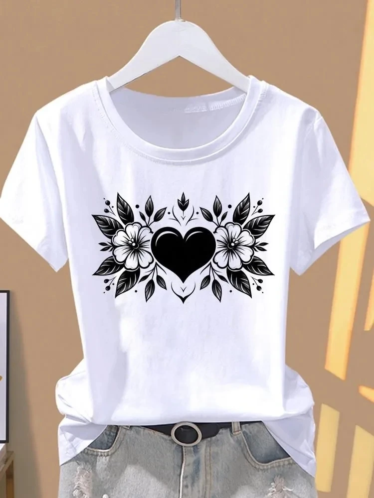

Women's Clothing Short Sleeves Flower Printed T Shirt Simple Style All-match Top Round Neck Temperament Casual Fashion Tops Slim