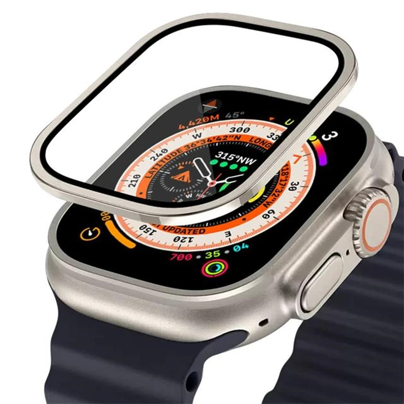 Металлический бампер + закаленное стекло для Apple Watch Ultra 49 мм аксессуары, защита экрана с защитой от царапин HD Full Film iWatch Ultra 49 мм