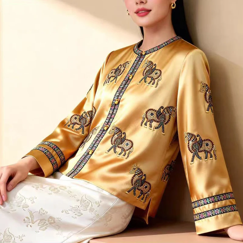 Spring and Autumn New High end Acetate Satin +Pony Beading Embroidery +Handmade Button Fashionable and Elegant Women's Coat S-XL