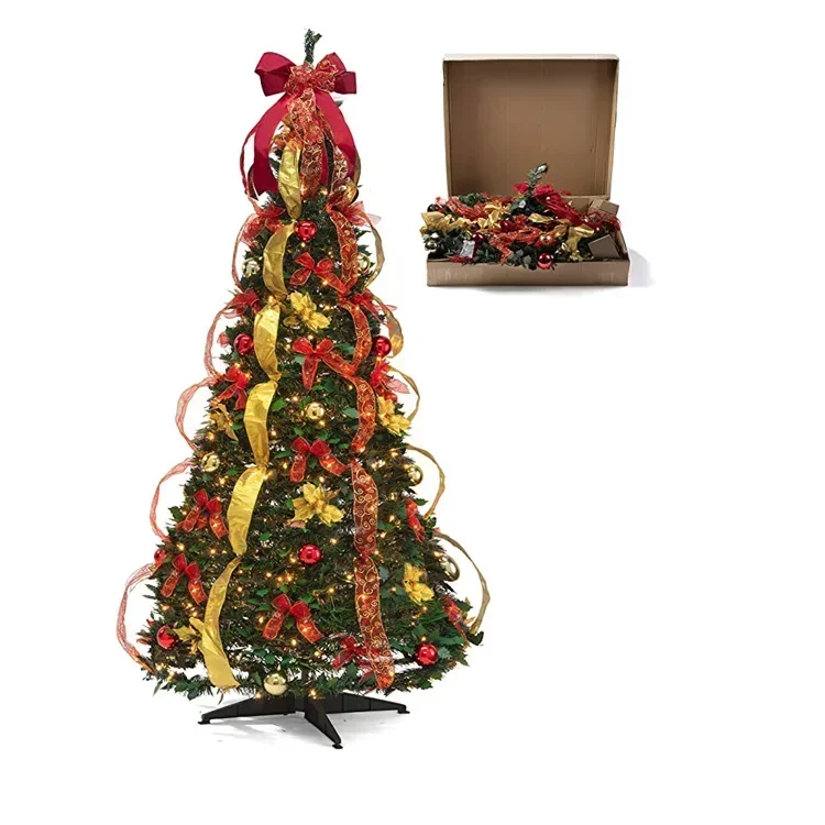 

Pull Up Christmas Tree， Fully Decorated 3M 350 Warm Lights Stand for Christmas Decoration， Supplies 6FT 180CM