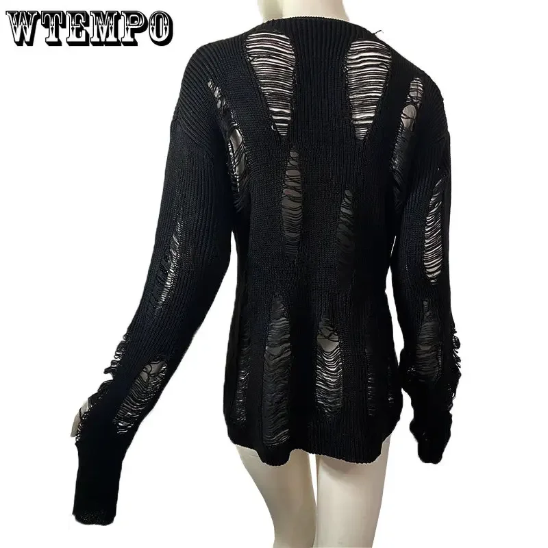 Knitted Broken Sweater Women Black Gothic Pull Pullover Loose Hollow Out Ripped Jumper Sexy See Through Thin Long Sleeve Top