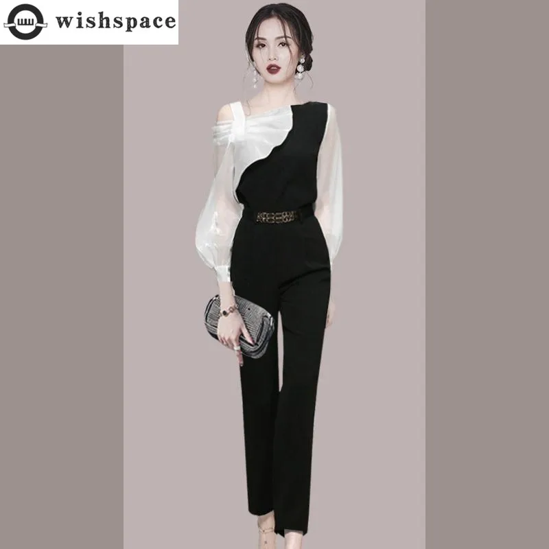 

Black and White Patchwork Belt Decoration Chiffon Shirt Casual Pencil Pants Two-piece Elegant Women Pants Suit Office Outfits