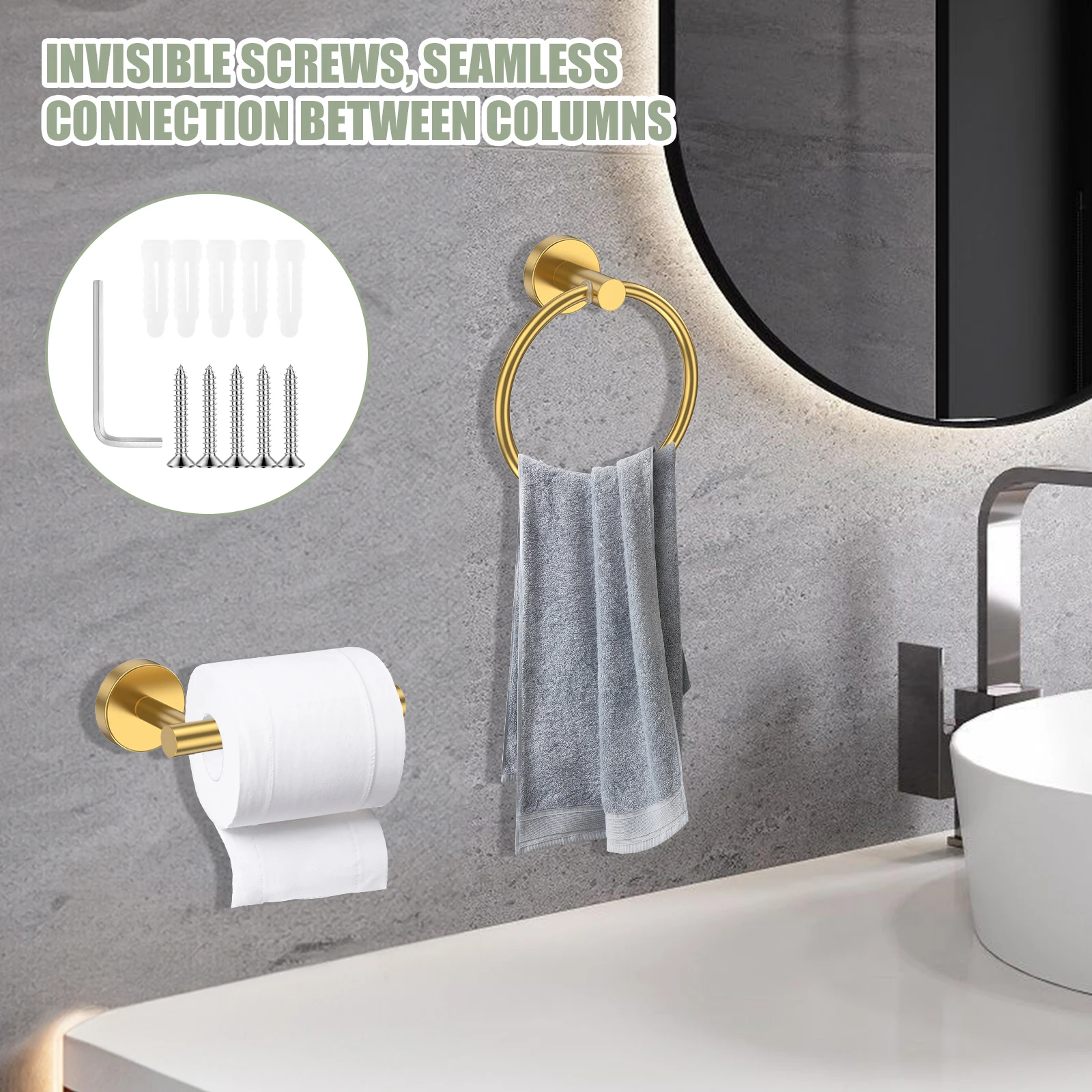 خطاف حلقة المنشفة وحامل ورق المرحاض، ملحقات الأجهزة المستديرة المثبتة على الحائط من الفولاذ المقاوم للصدأ