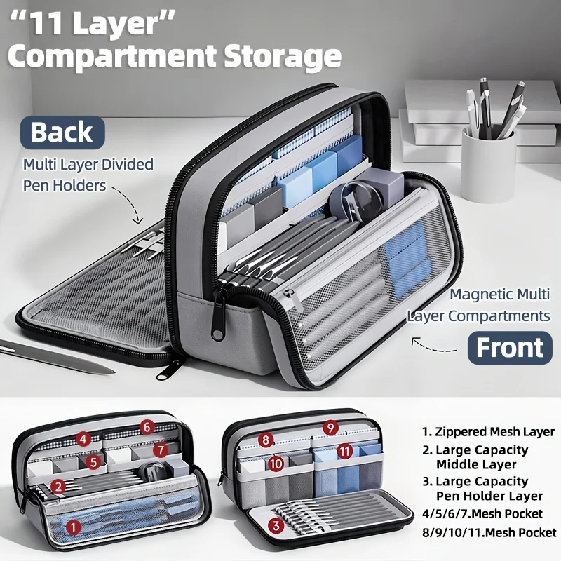 Magnetic Standable Pencil Case Compartment Large Capacity Pen Bag Waterproof Spliced Stationery Organizer Student School Supplie