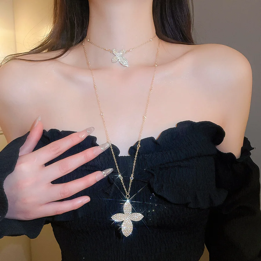 Retro Luxury Flower Cubic Zirconia Pendant Necklace Double Layer Stackable Rhinestone Clavicle Chain Fashion Ring Jewelry Gifts