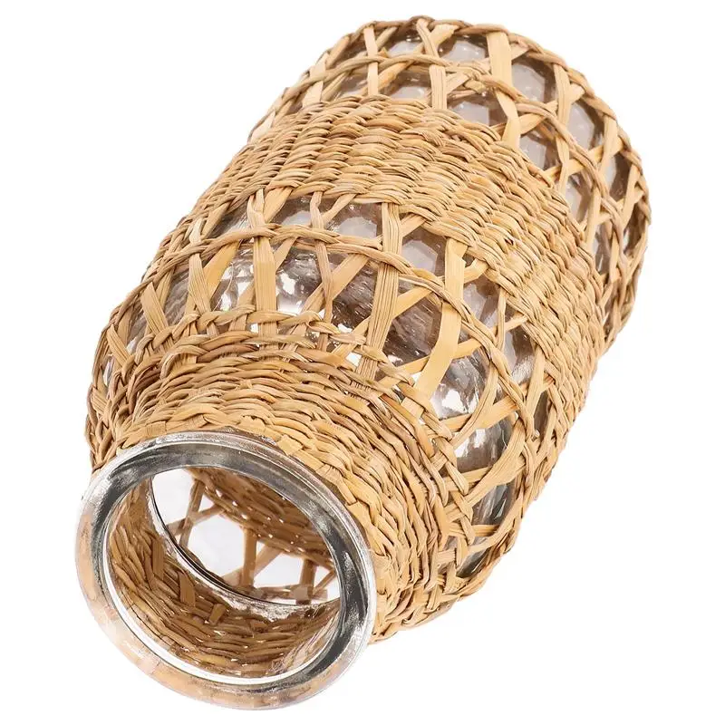 Rattan Glass Vase Boho Decor Desktop Woven Bohemia Plants Container For Countryside Style Flower Vase Table Vase Ornament