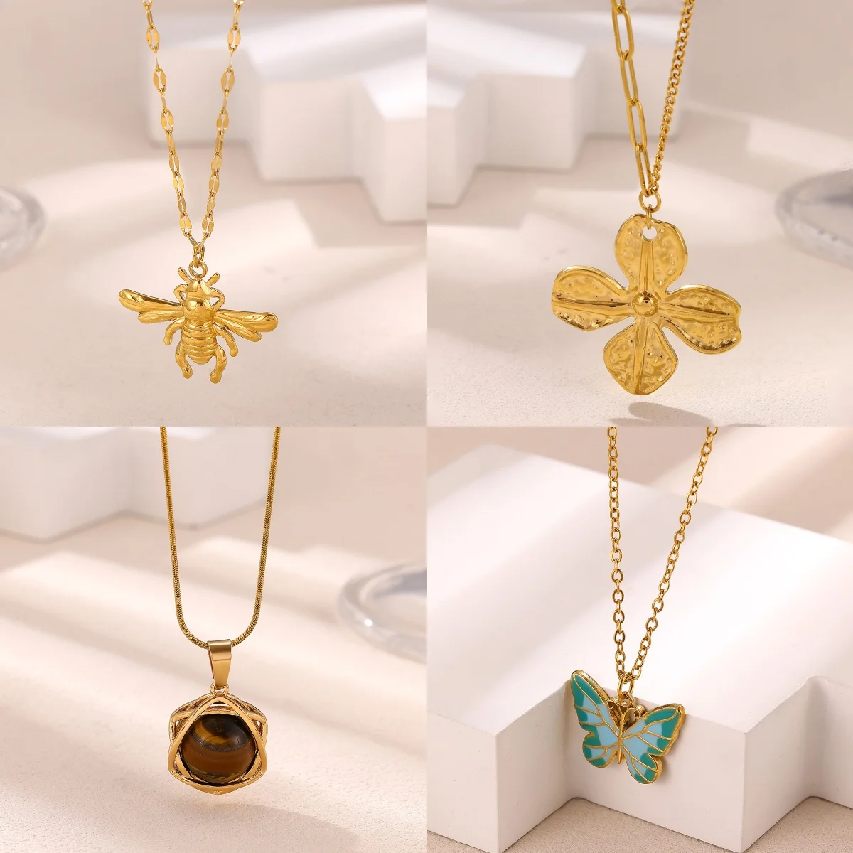Retro Bee Clover Butterfly Natural Stone Pendant Necklaces For Women Gold Color Stainless Steel Necklace Summer Jewelry