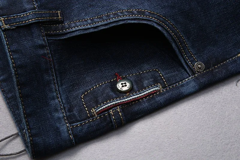Hochgeschnittene dunkelblaue Stretch-Unterhosen für Männer in Übergröße 52-58, für große und kräftige Personen, Jeanshosen, lange Hosen. – Detail 16