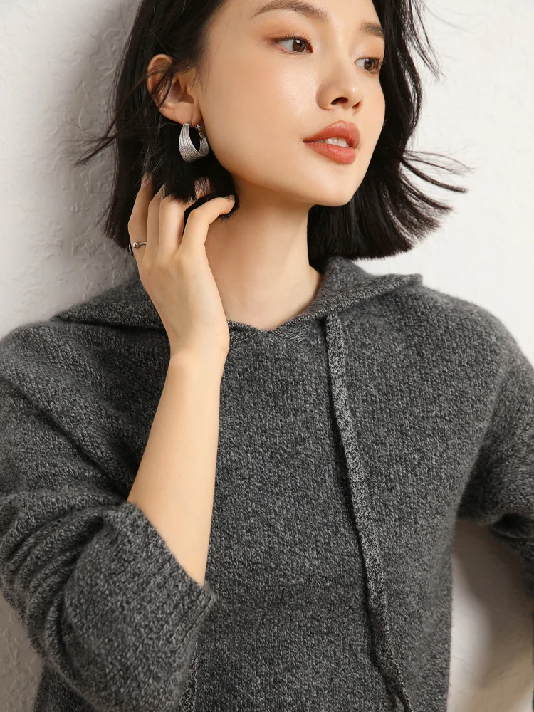 

2025 New Women Cashmere Hooded Pullover Sweater 100% Cashmere Knitwear Autumn Winter Casual Simple Style Hoodie Cloth ing Tops