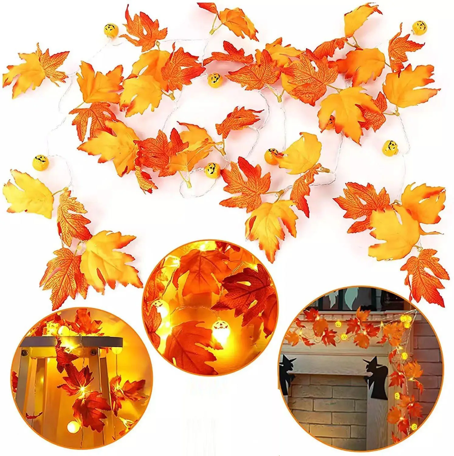 Autumn Artificial Maple Leaf Pumpkin LED String Light Fairy Lights Thanksgiving Garland Halloween Home Wall Hanging Garden Decor