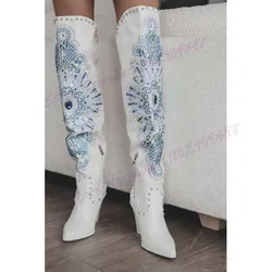 White Rhinestone Chunly Heels Boots Pointed Toe Shoes for Women Matte Leather Knee High Knight's Shoes 2024 Zapatos Para Mujere