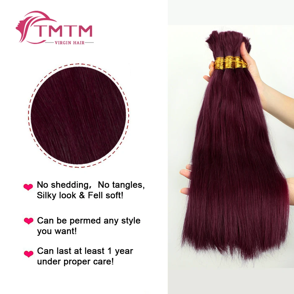 99J# Dark Burgundy Bulk Human Hair Extensions Straight Brazilian Remy Human Hair No Weft 16-28 Inch Bulk Hair For Braiding 100G