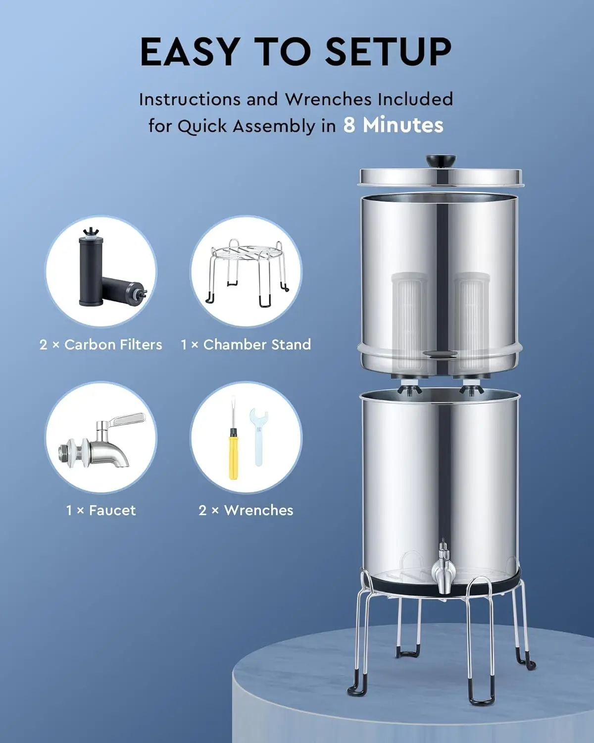 Chambe-Purificateur d'eau par gravité en acier inoxydable, système de filtre, filtre à eau supérieur, 2 livres de carbone, seau de 2.25 Gal