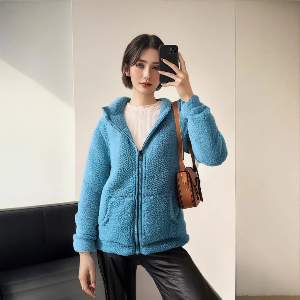 

Autumn Winter Fashion Women's Plush Coat Warm Fleece Casual Hooded Jackets With Pockets Female Zipper Long Sleeve Outwear